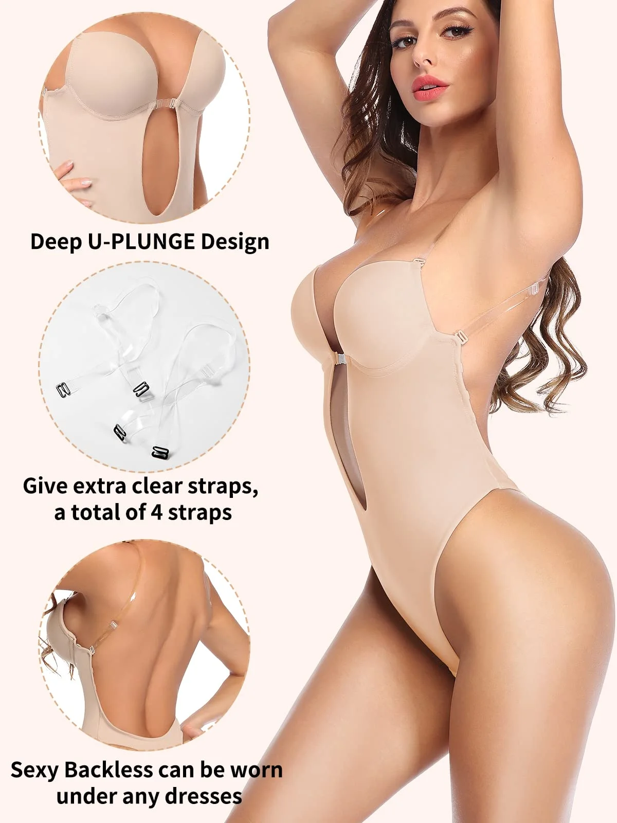 Body moldeador de espalda descubierta con escote pronunciado para mujer, ideal para vestidos de novia. Body moldeador con escote en V profundo y espalda descubierta, con aros y control de abdomen. Prenda interior sin tirantes para vestidos de fiesta.