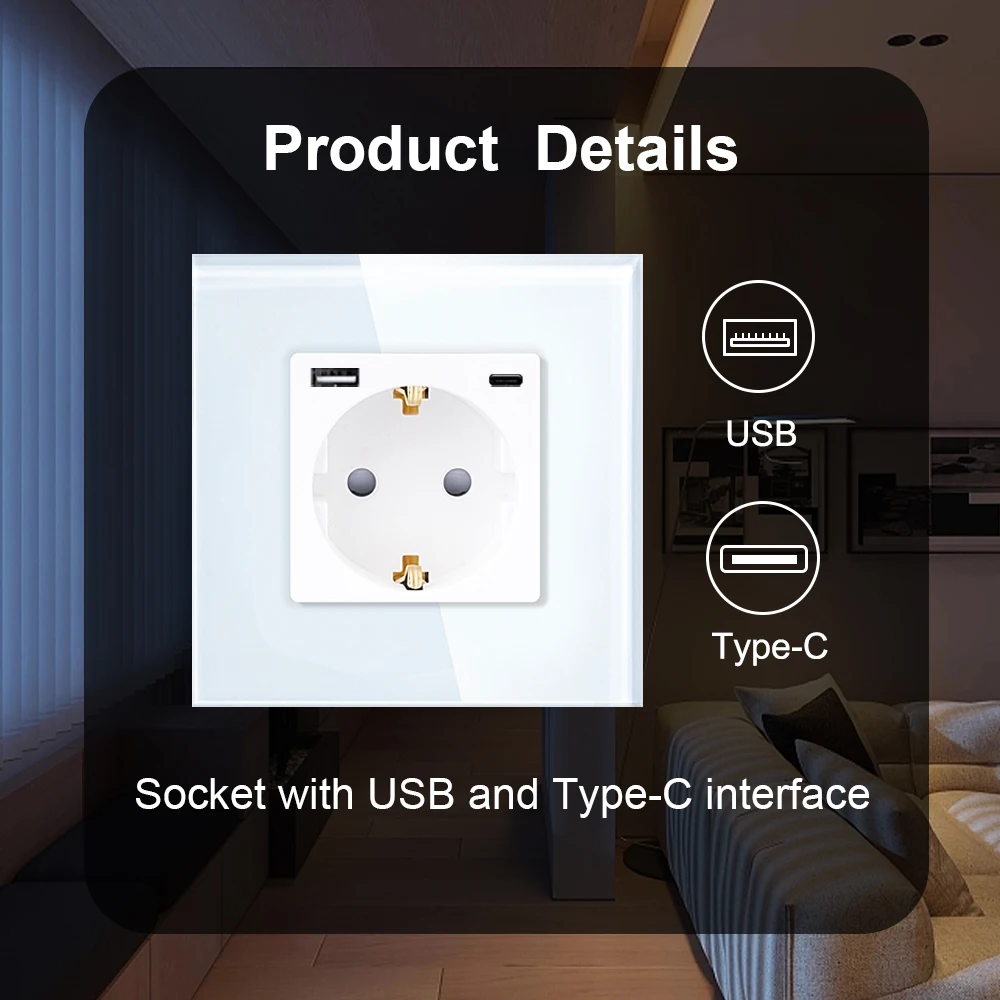 TAWOIA EU Touch Light Switch With USB Wall Socket White Wall LED Switches 1/2/3Gang 1Way Crystal Dark Blue Backlight Wall Switch