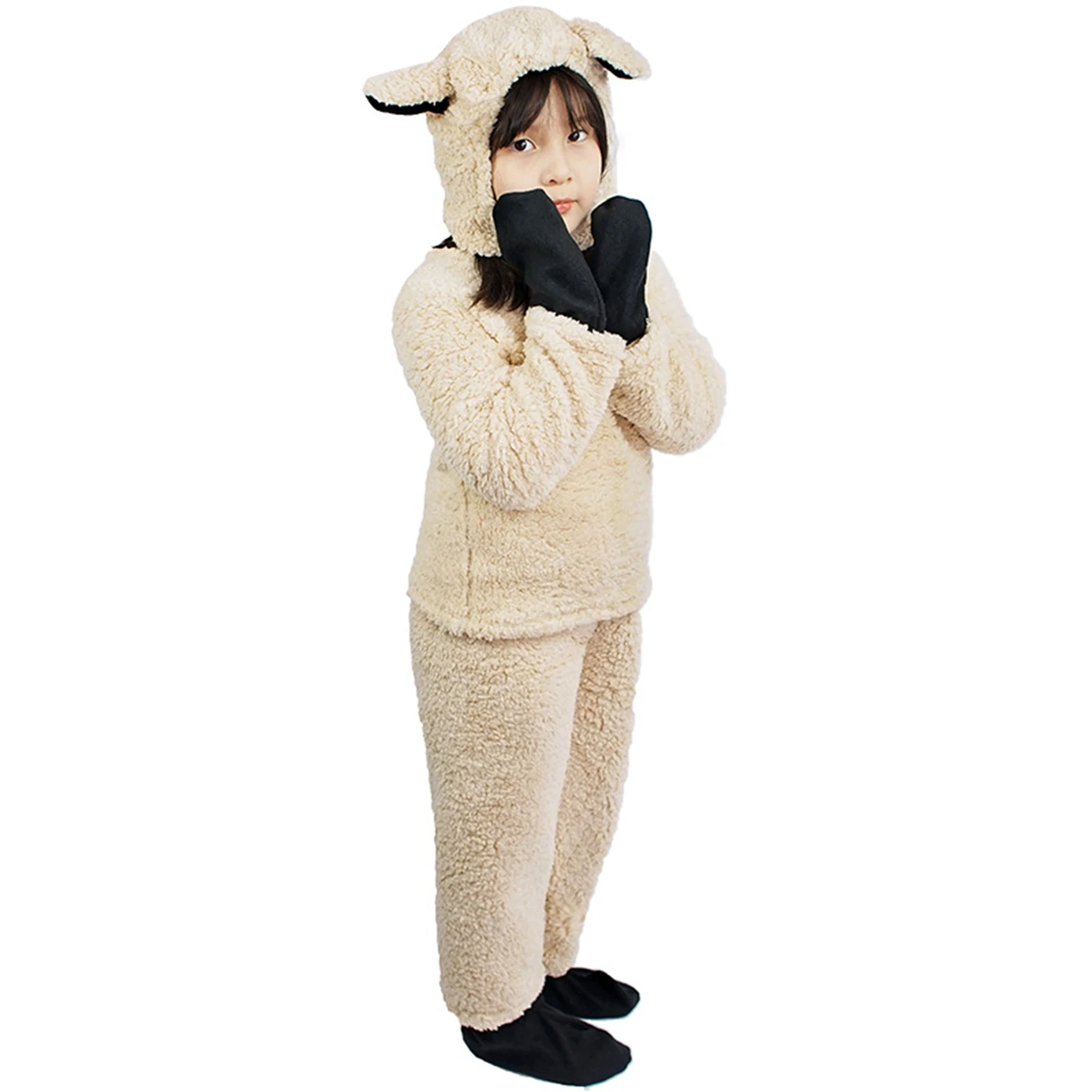 Little Boy Girl Halloween Sheep Costume Fuzzy Long Sleeved Round Neck Tops + Hat + Gloves + Socks + Pants