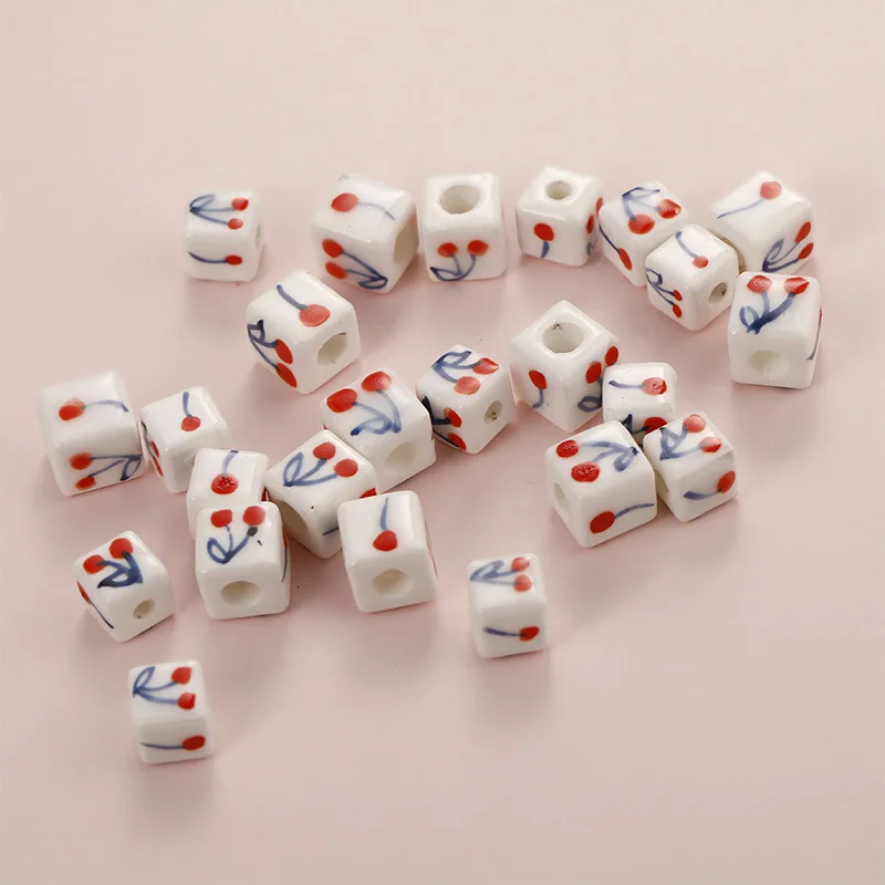 10pcs Hand Painted Cherry Square Shape Ceramic Beads 8x8mm 10x10mm Loose Spacer DIY Bead For Jewelry Making Accessories