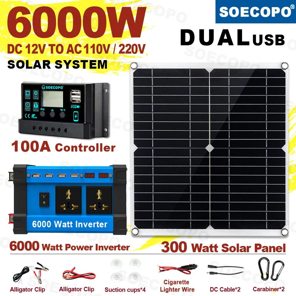 Solarpanel-Kit, komplett, 6000 W, 12 V bis 110 V/220 V, mit 100 A-Controller, 300 W