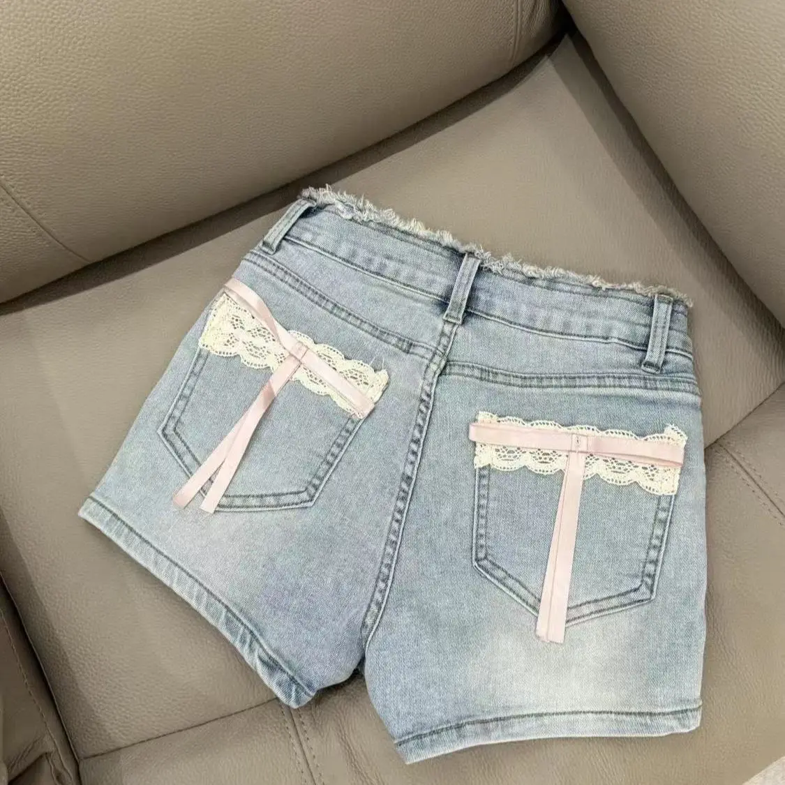 Summer Sweet Hot Girl Bow Lace Denim Shorts Women Y2K Harajuku Slim Fit Pants Summer Vintage Grunge Fashion Shorts New