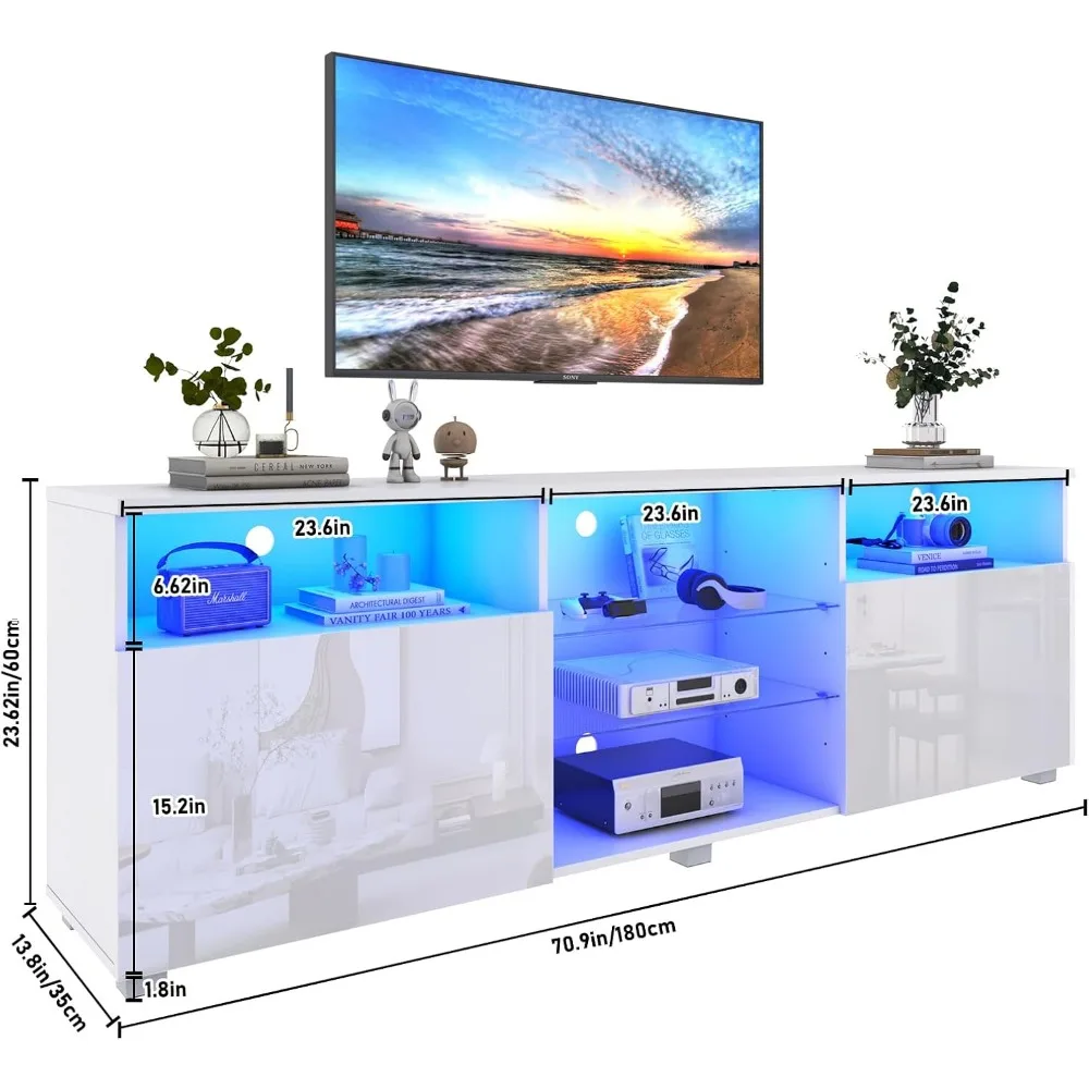 Vinctik 70 inch moderne witglans tv-standaard - hoge opslag voor 75-80 inch tv's, RGB-licht, perfect voor woonkamer