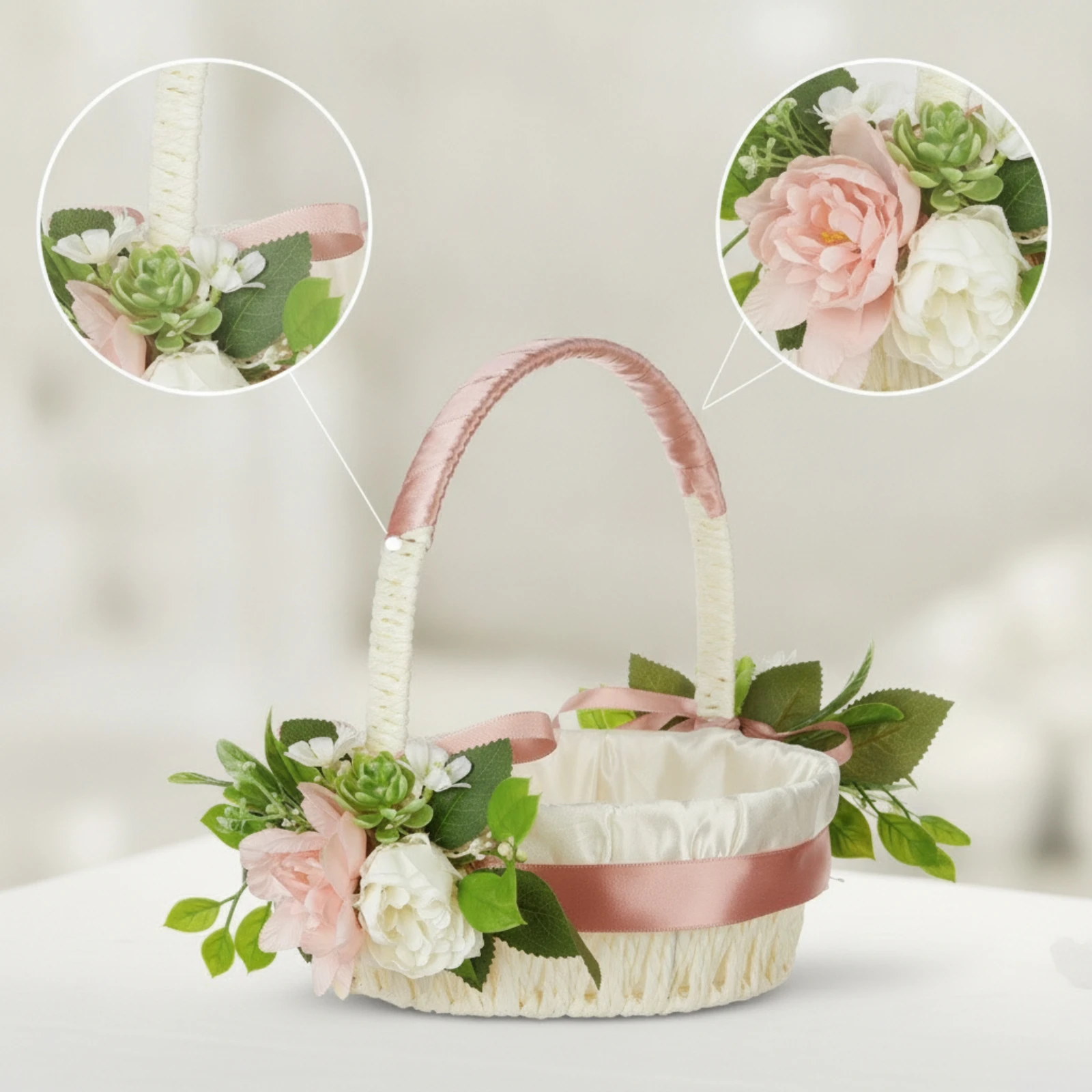 Flower Girl Basket Hand-Held Basket with Handle Satin-Lined Oval for Weddings