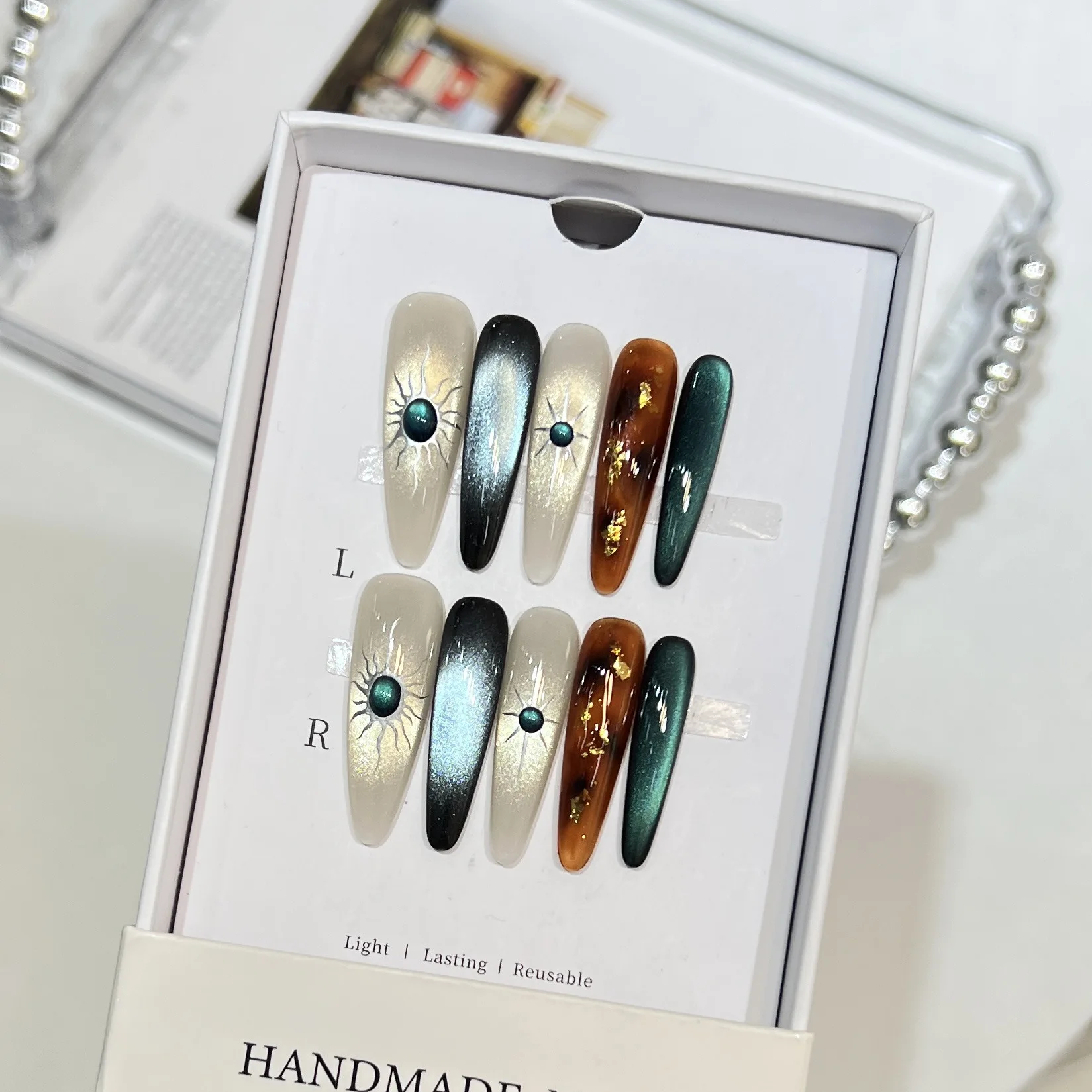 10 قطع اليدوية الأظافر وهمية الخريف والشتاء ارتداء مسمار قطعة ليوبارد طباعة الذهب احباط الزجاج القط العين مسمار الفن الأظافر وهمية #3