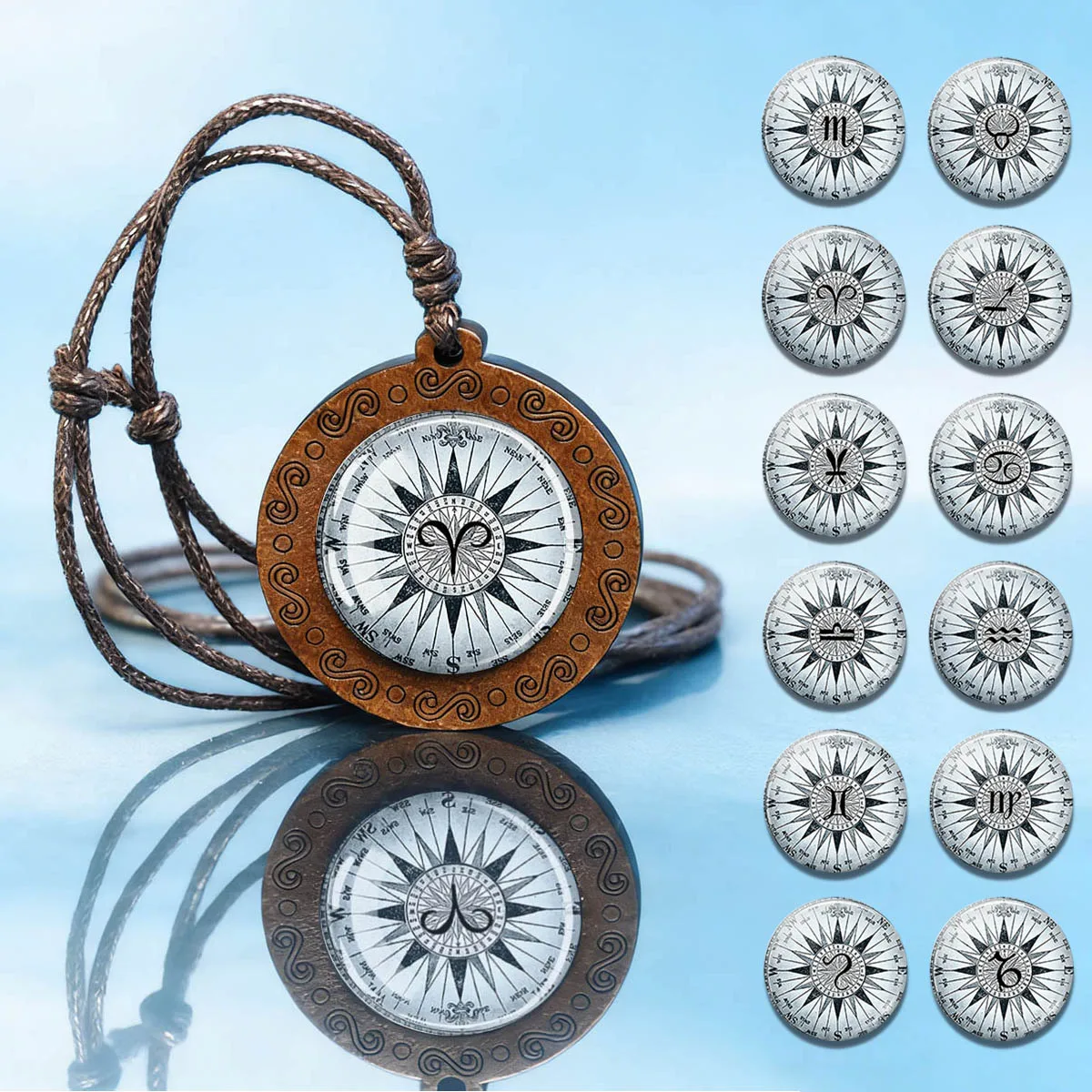 Vintage Boho Long Sweater Chain Necklace Wooden Inlaid Glass 12 Zodiac Pendant Adjustable Brown Braided Rope Necklaces Unisex