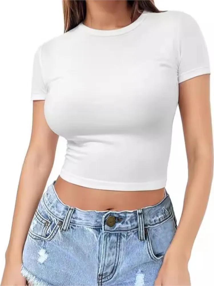 

Round Neck Tight Cropped T-shirt Hot Girls Summer Pullover Women Thin Style Solid Color Fashionable Milk Silk Short Sleeved Top