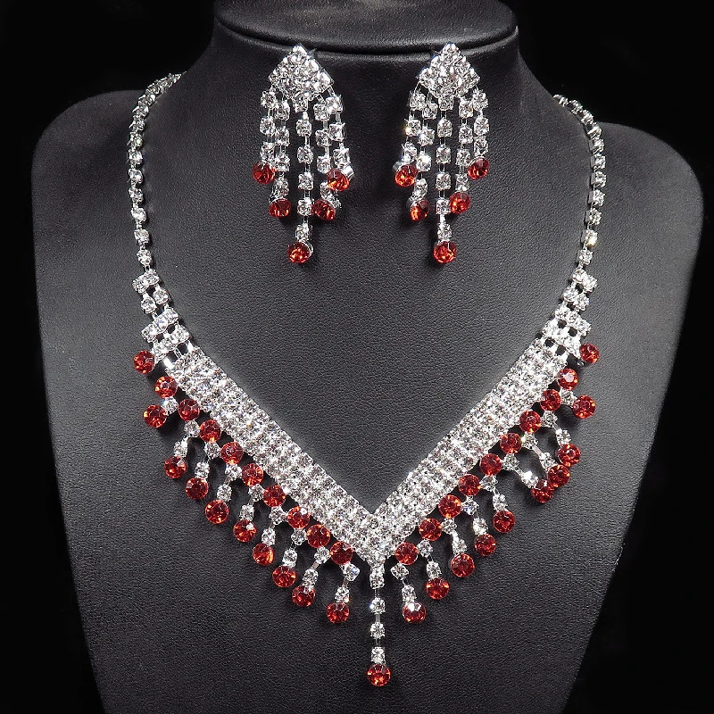 Fashion Red Crystal Women Prom Wedding Jewelry Set Decorations Rhinestone Tassel Necklace Earrings Bridal Jewelry Set