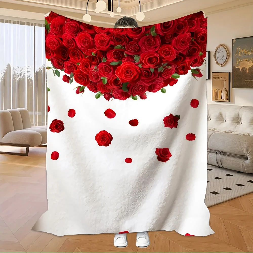 White Background Top Cluster Red Rose Falling Petal Flannel Throw Blanket,Soft Sofa Blanket,Romantic Wedding Love Home Decor