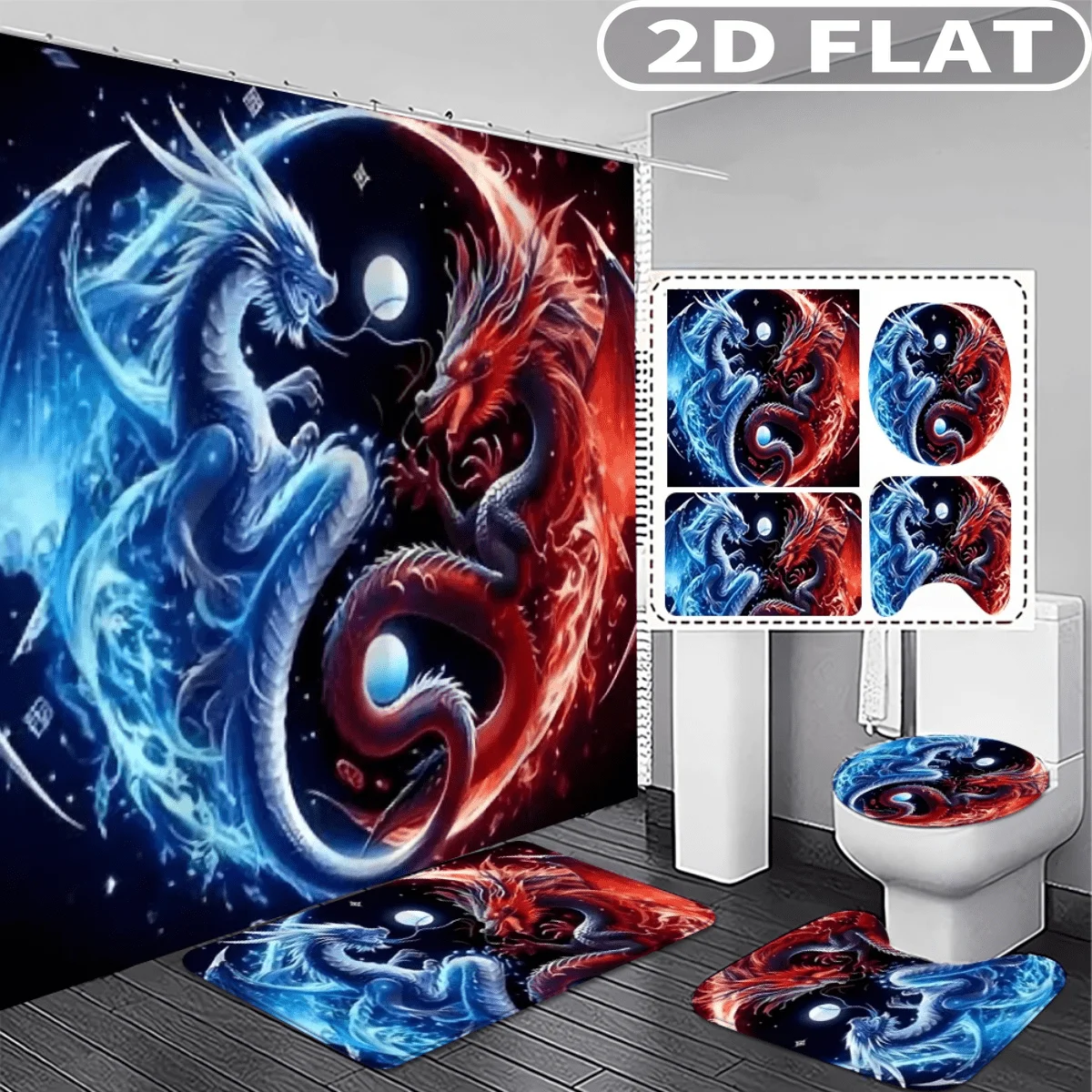 

4pcs 2D FLAT Blue Dragon Red Dragon Pattern Shower Curtain Set, with 3pc Bath Mat and 1pc Curtains Perfect for Home Decor