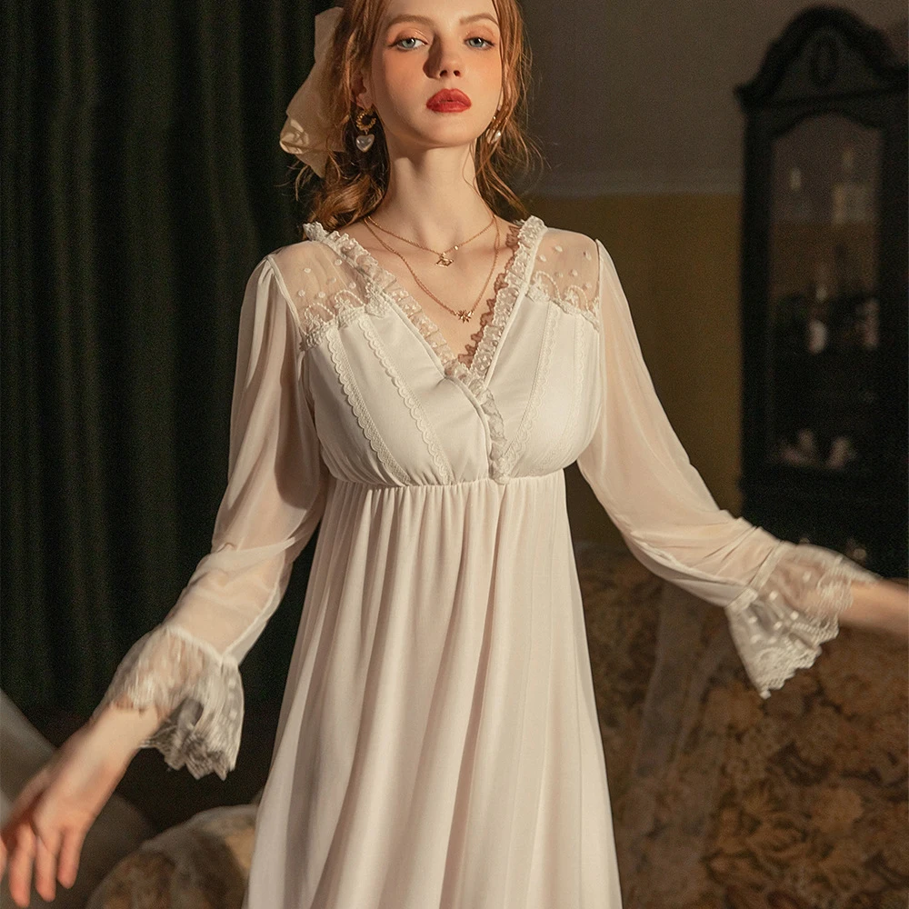 French Style Palace Style Princess Nightdress Spring Summer Female Sleepwear Bathrobe Nightwear Sexy Long Nightgown Home Wear