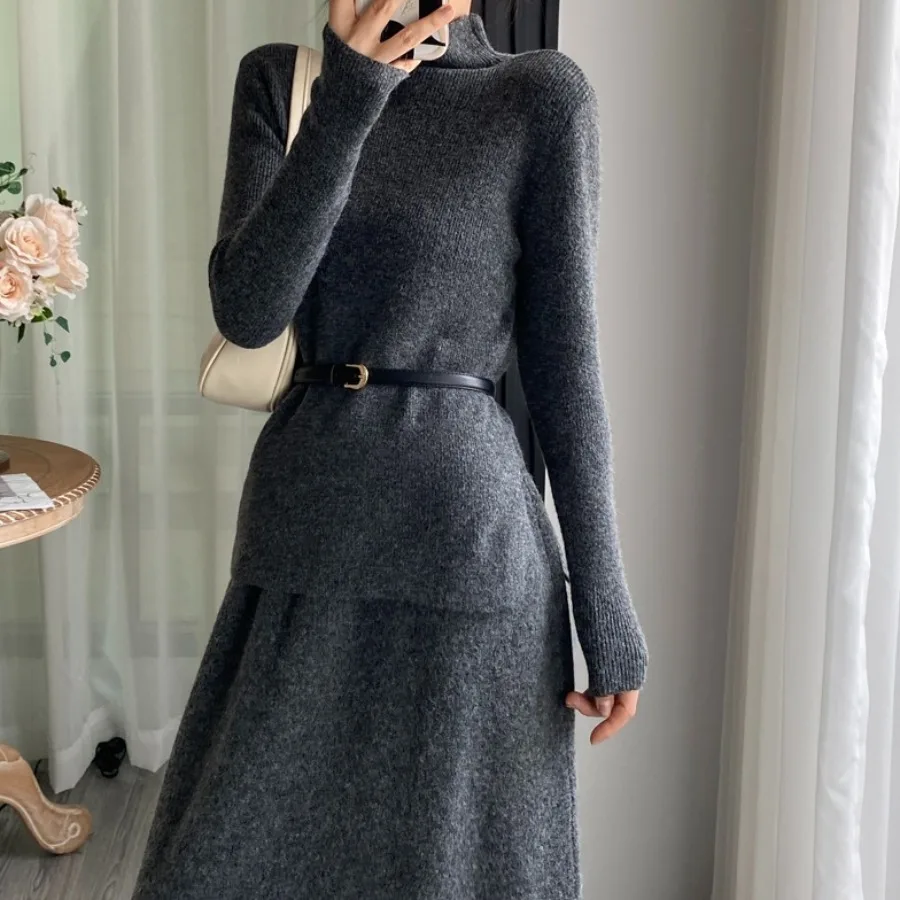 Koreaanse Sle Slim Fit Gebreide Trui Hoge Kraag Dames Dr Riem Inbegrepen Tweedelige Set Lange Rok F-hoge Kraag