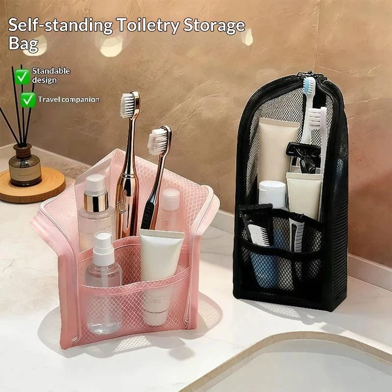 Large Capacity Waterproof Foldable Travel Cosmetic Bag Vertical Standing Zipper Toiletry Pouch Space Saving For Toothbrush