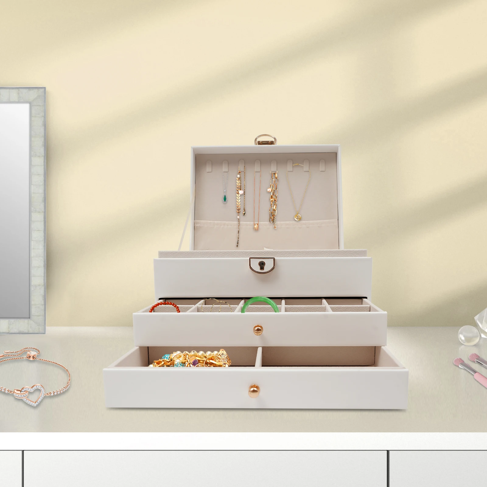 

3-х ярусная коробка для хранения ювелирных изделий, коробка для хранения солнцезащитных очков с защитным замком, витрина для очков/ювелирных изделий для магазина/дома