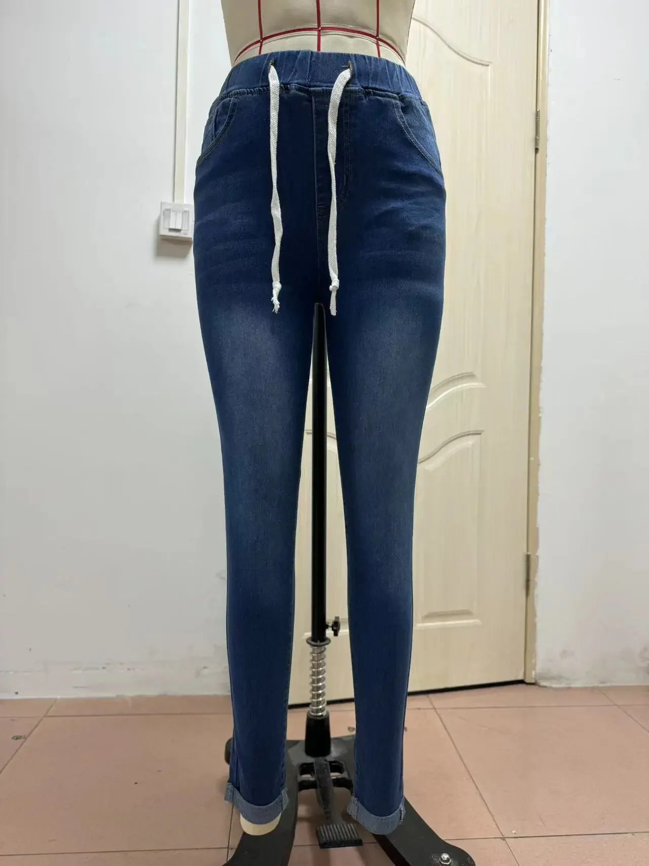 Dżinsowe spodnie ołówkowe damskie, elastyczne, z wysokim stanem, sznurowane, obcisłe jeansy, streetwear vintage, spodnie do kostki, 2025