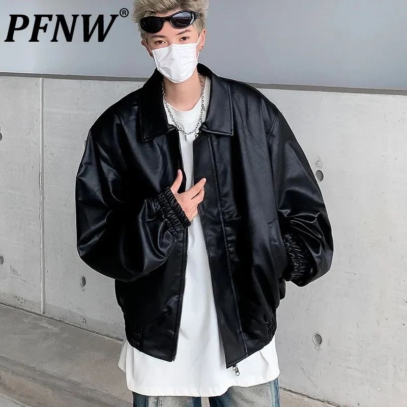 

PFNW American Style Men's Jackets PU Leather Shoulder Pads Turn-down Collar Loose Male Short Coats Dark Design Autumn 12C1072