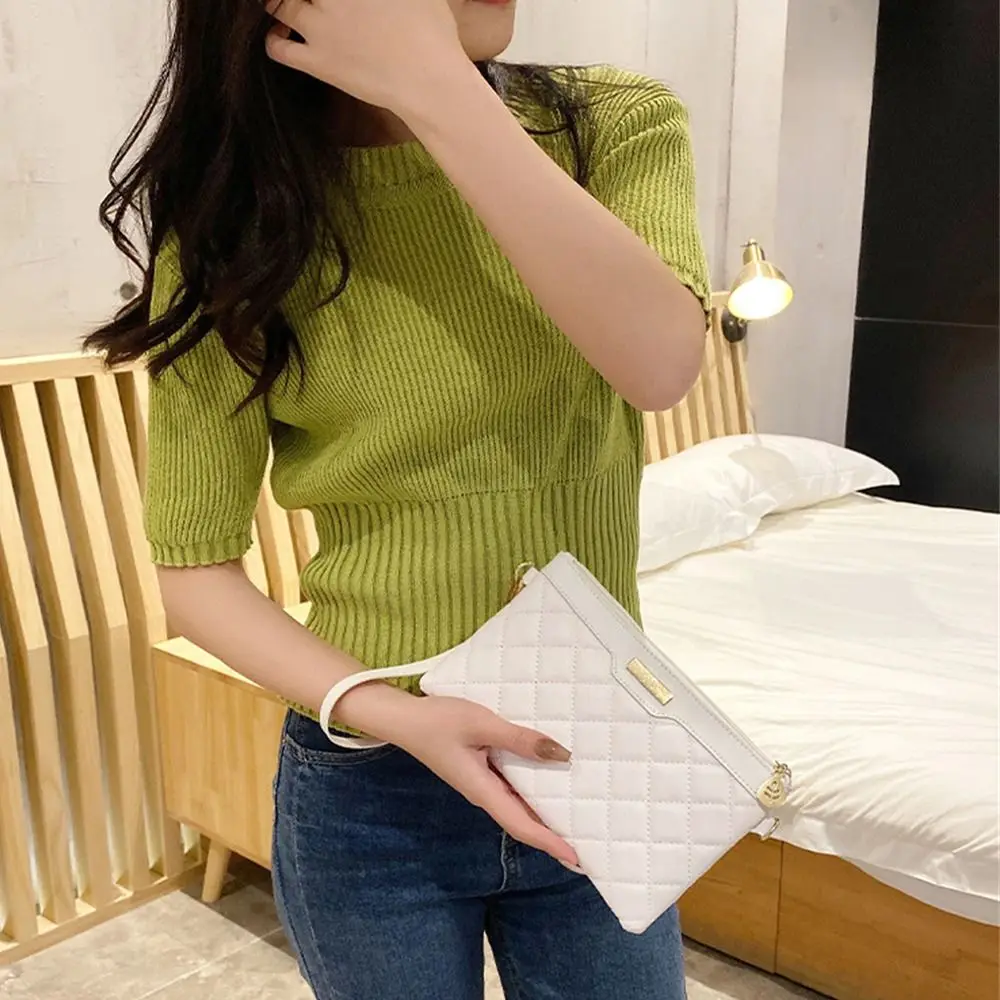 Stylish Wristlet Bag PU Leather Envelope Purse Chain Shoulder Crossbody Handbags Portable Party Clutch Bags Pure Color Wallet