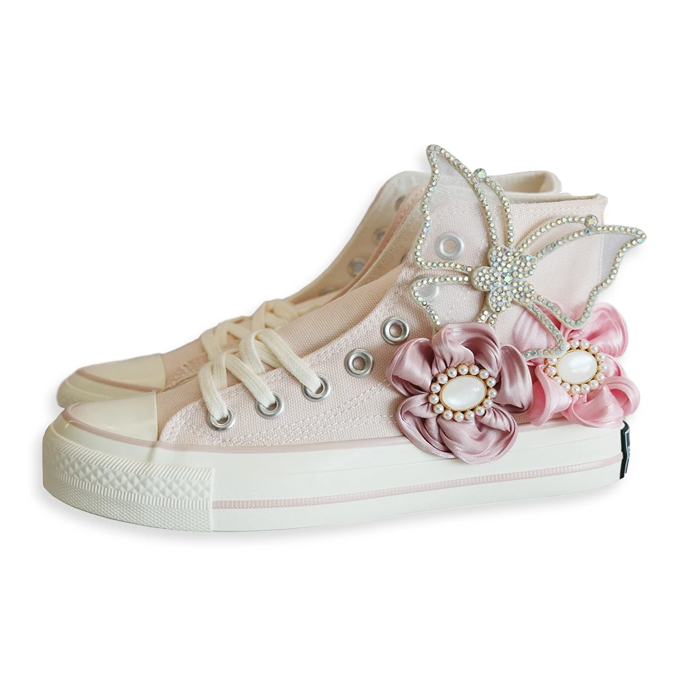 Spring New Women Canvas Shoes Fashion Handmade Girl Purple Vulcanized Sneakers 3D Butterfly Flower Casual High Low Flat Shoes