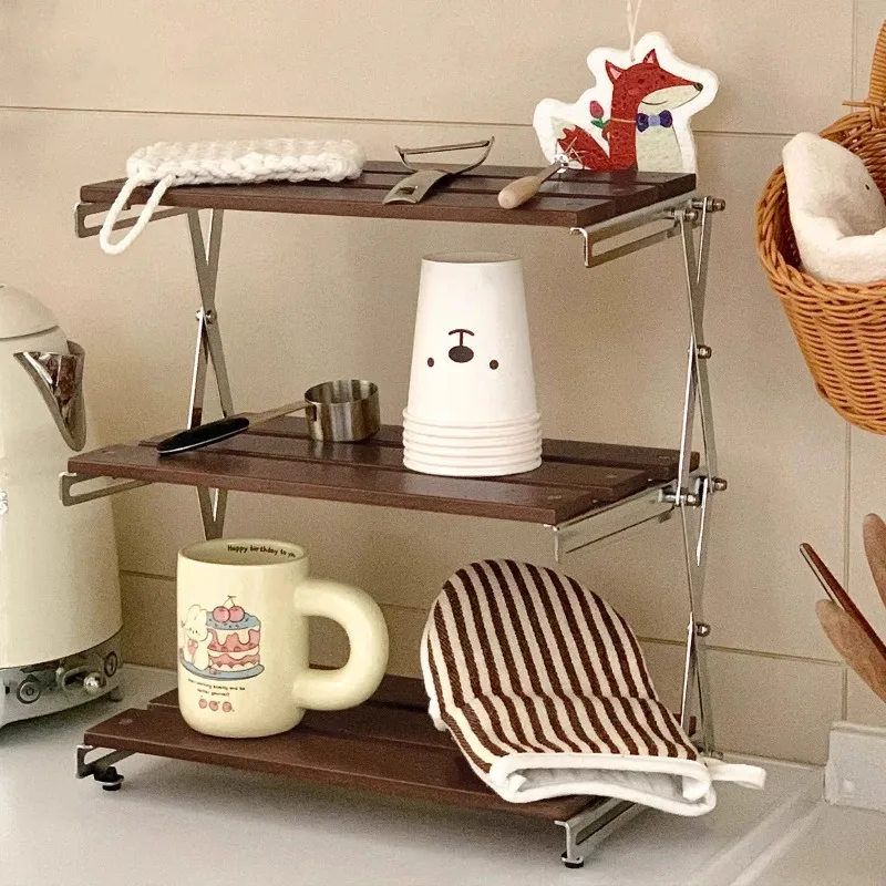 

Ancient-style Folding Storage Shelf for Organizing Wooden Tabletop Cups, Bar Counter, and Coffee Brewing Tools Kitchen Organizer