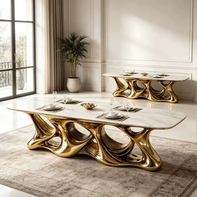 Modern organic curved gold fiberglass marble dining table high-end 6-10 seats, suitable for dinner