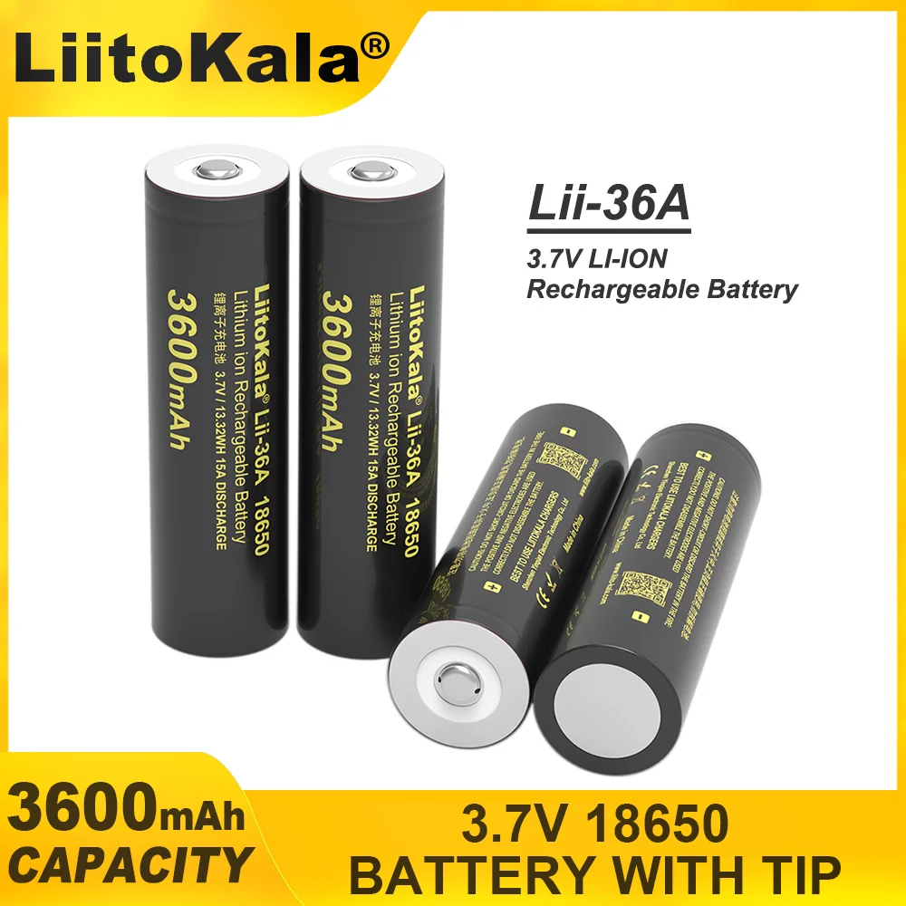 LiitoKala Lii-36A+Tip 18650 3.7V 3600mAh Rechargeable Lithium Battery 15A High Discharge For Flashlight Electronic Tools 1-6PCS