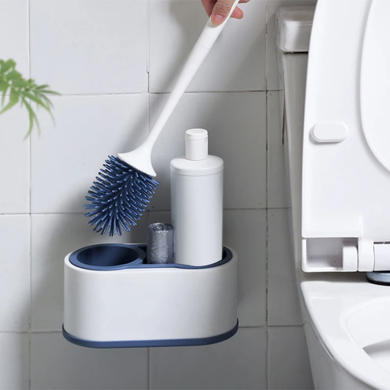 Wall-Mounted TPR Soft Silicone Toilet Brush And Holder Kit,Cleaning Brush Set With Storage Rack,For Bathroom