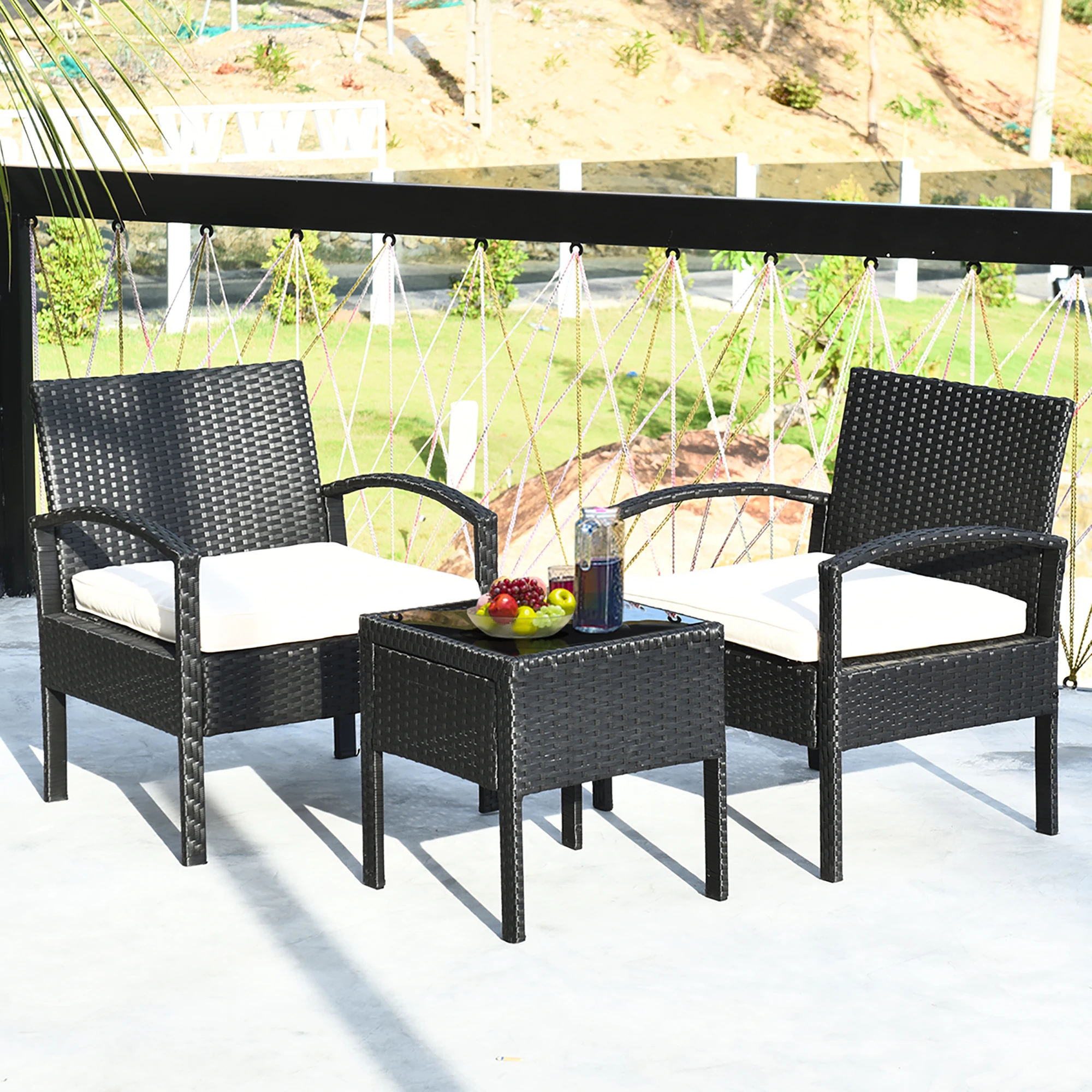 3PCS Patio Rattan Furniture Set Table & Chairs Set with Seat Cushions Garden