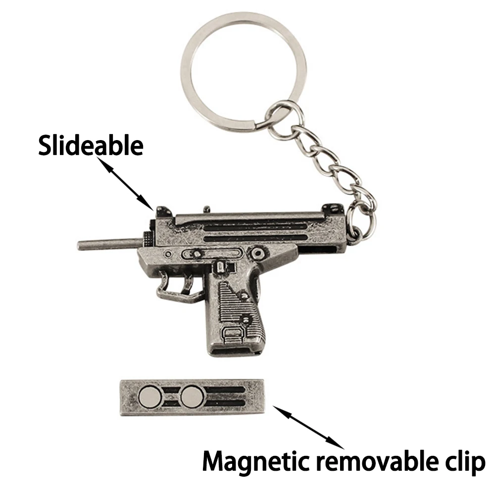 5cm Mini Uzi Pendant Keychain for Men Boys Magnetic Sliding Keyring for Fps Gamer Backpack Bag Car Key Chain Decorative Jewelry