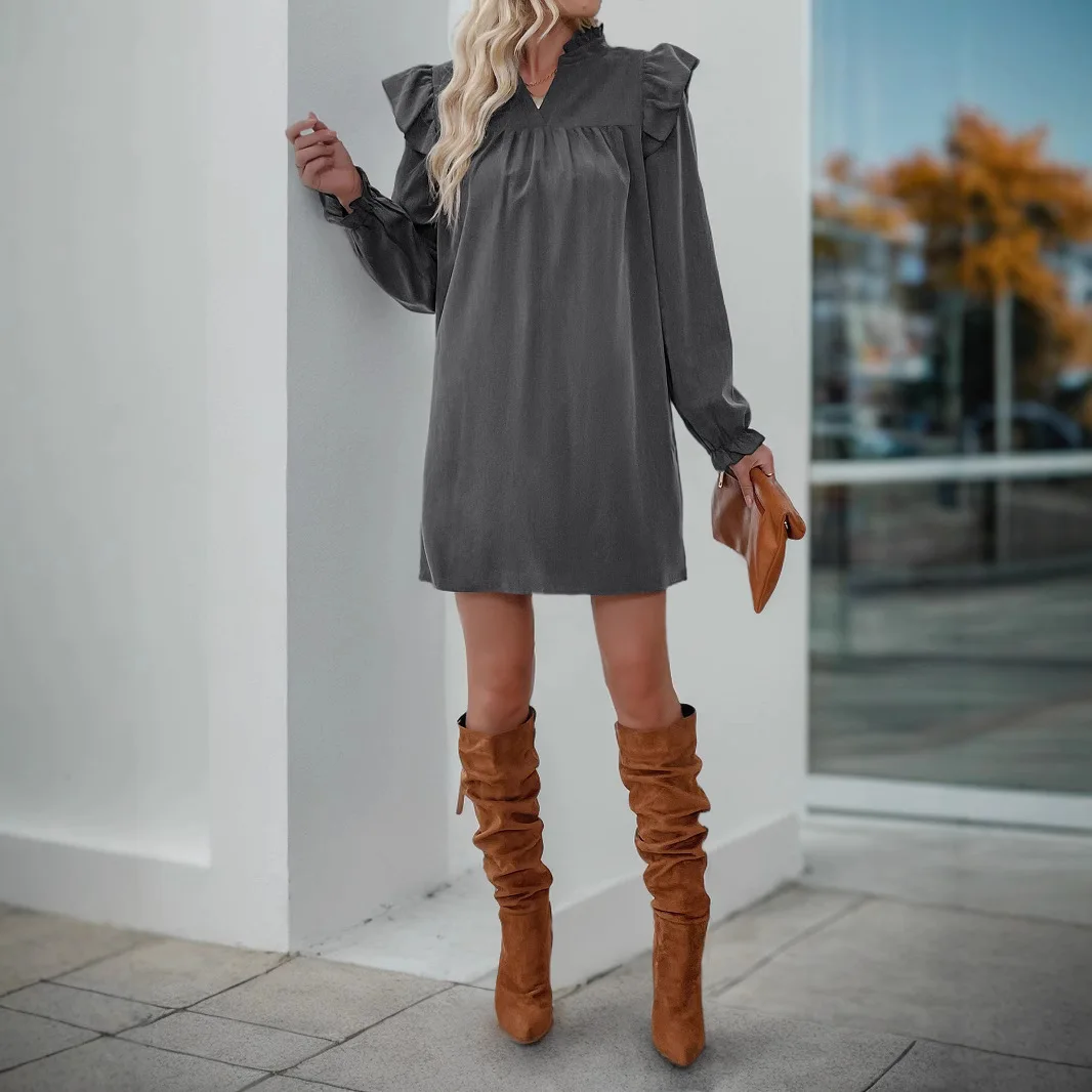 Damska Sukienka Midi Sukienki Linia A Vestidos Stójka Długi Rękaw Streetwear Elegancka Łączona Y2k Falbany Do Pracy Codzienna 2025