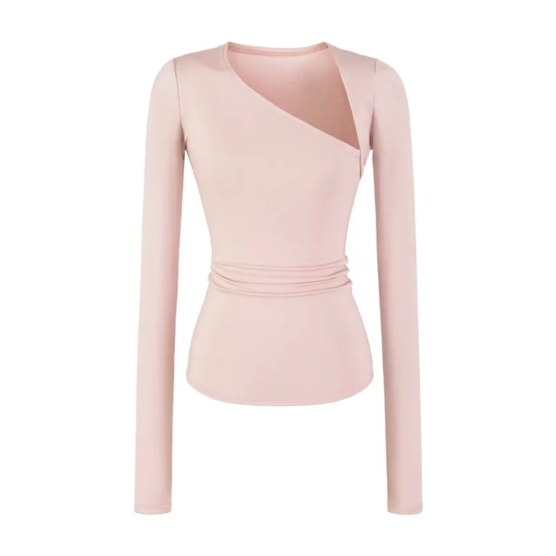 New Korean Style Unique One-shoulder Long-sleeve Base Shirt For Women Solid Color Stretchy Slim-fit Outerwear T-shirt Solid QRPC