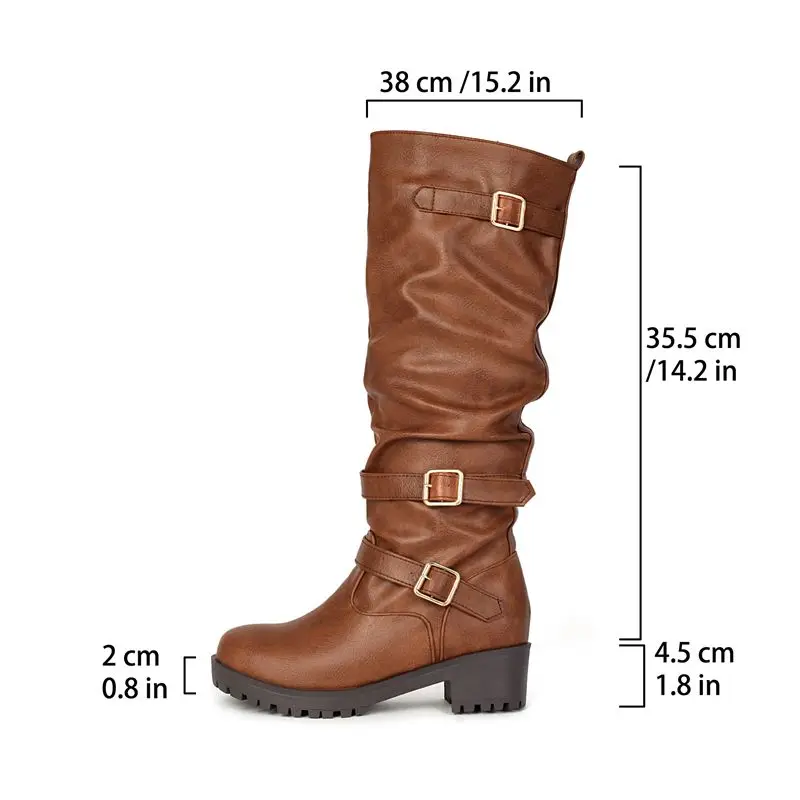 REAVE CAT Brown Women's Knee High Boots Round Toe 4.5cm Thick Heel 2cm Platform Slip On Pleated Big Size 43 44 45 Casual Botas
