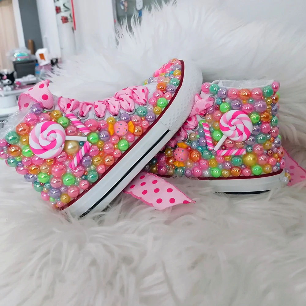 Handmade Rhinestones Bling Girls Womens Kids And Mother Candy Canvas Shoes Pearls Sneakers For Girl Birthday Party Wedding