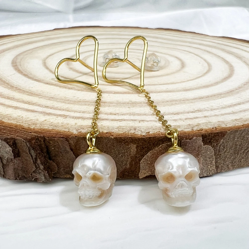 Fashion 925 Sterling Silver Hand Carved Skull Freshwater Pearl Stud Earrings for Women Gothic Wedding  Jewelry