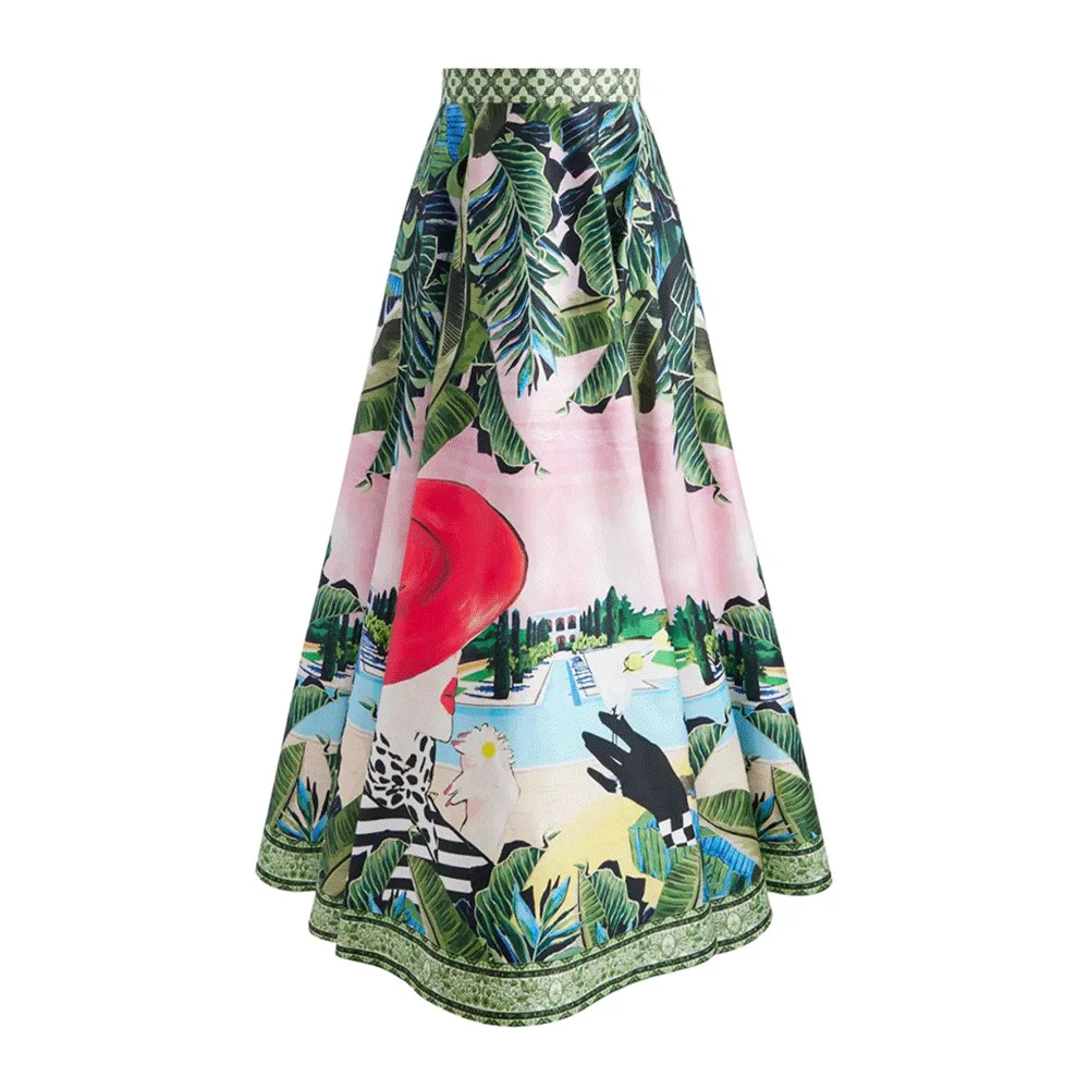 One-piece Women Floral Printed Swimwears Vintage Swimsuit Set Beach Dress Vacation Style Wear Maxi  Skirt