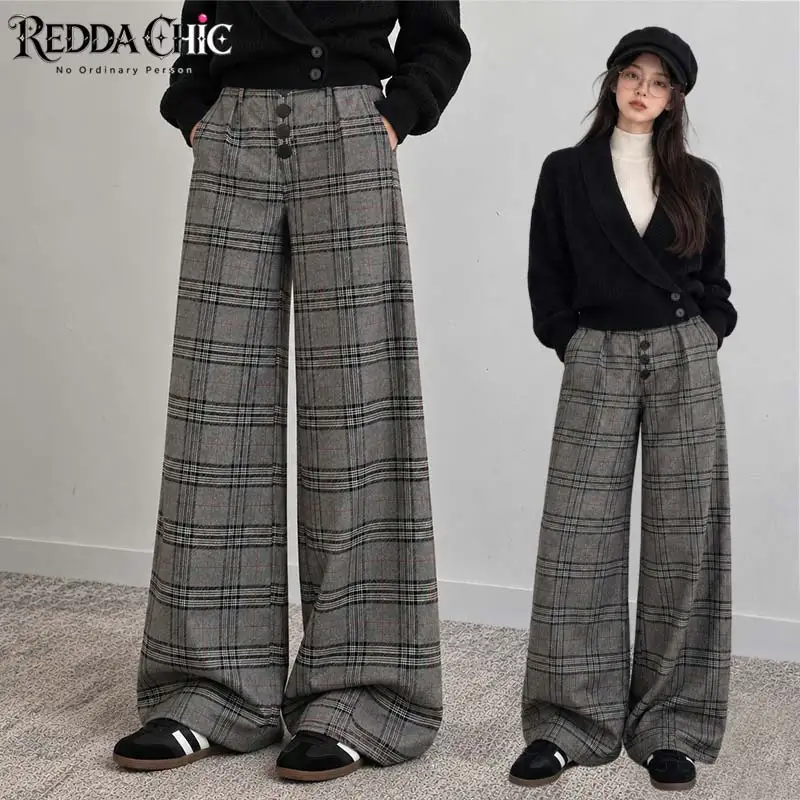REDDACHiC Minimalist Tweed Plaid Pants Women Office Gray Button Front High Rise Straight Baggy Causal Pants Fall Winter Costume