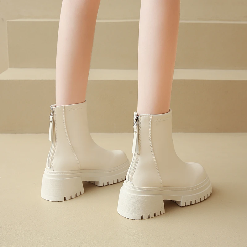 أحذية الكاحل ذات النعل السميك لزيادة الارتفاع للنساء لخريف وشتاء 2025 أحذية رفيعة قابلة للتمدد من الصوف على الطراز البريطاني الجديد