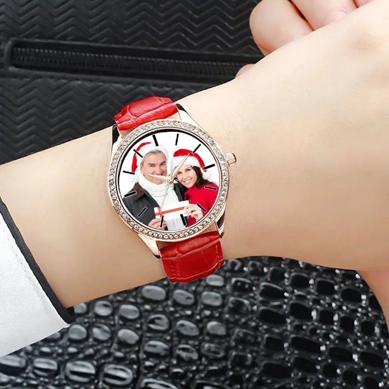 ساعة كوارتز نسائية من حجر الراين مخصصة لصورتك الخاصة A3327w ساعات حركة يابانية من الجلد الطبيعي مع هدية لصديقتك
