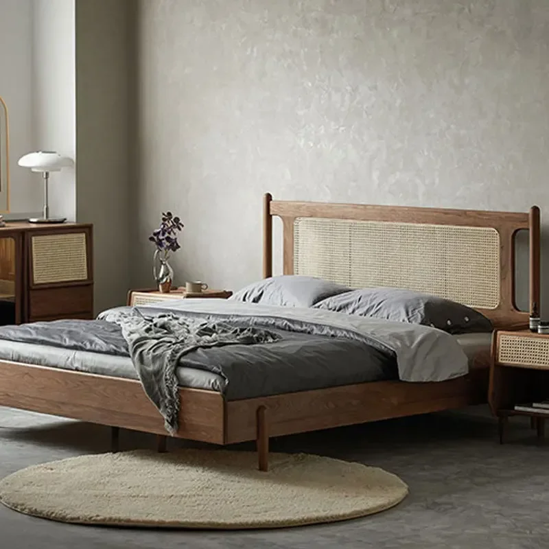 

American retro black walnut, minimalist all-solid wood rattan bed, modern minimalist, double bed