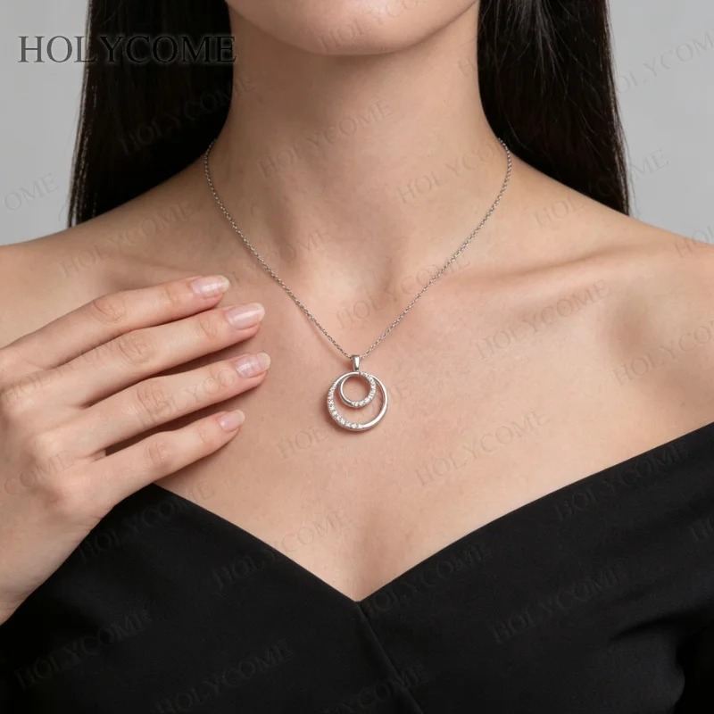S925 Silber Runder Choker Moissanit Doppelkreis-Anhänger Halskette für Frauen Minimalistischer Zierlicher Modeschmuck – Detail 9