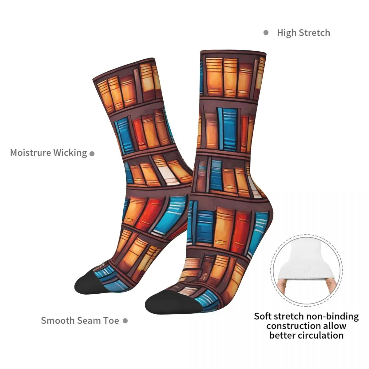 Seamless Bookshelf Pattern Socks Harajuku Super Soft Stockings All Season Long Socks Accessories for Unisex Christmas Gifts