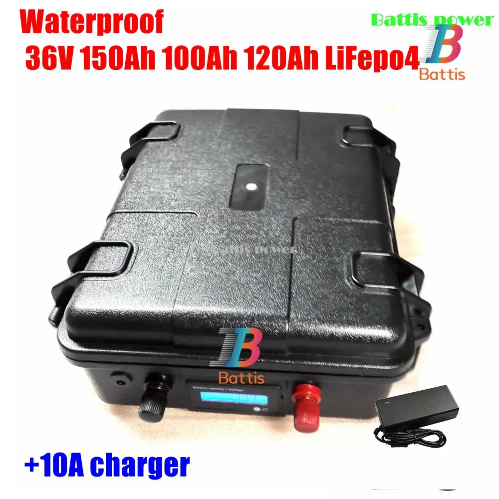 

Waterproof 36V 150Ah 100Ah 120Ah LiFepo4 lithium battery pack with BMS for fishing boats solar system motor EV RV+10A charger