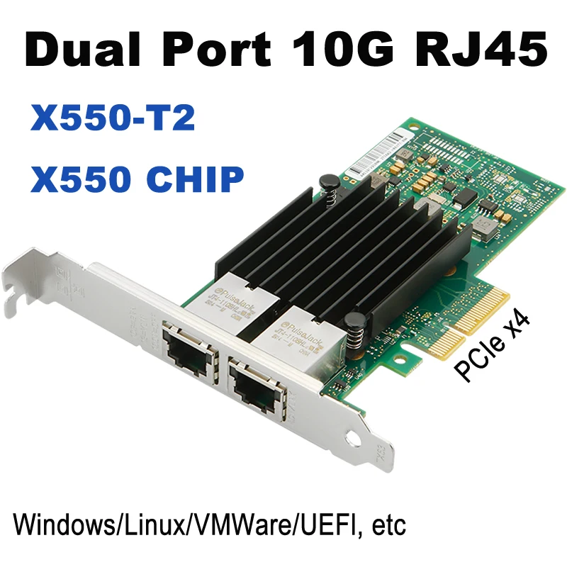 X550-T2 10GbE Dual Port PCIe X4 Server Network Card with Intel X550 CHIP 4 RJ45 10G NIC 10 Gigabit Ethernet Adapter Card for PC