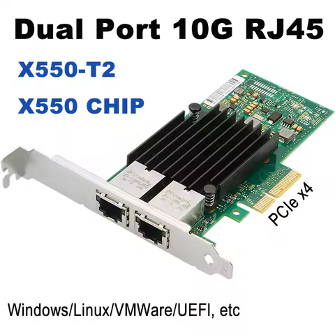 X550-T2 10GbE Dual Port PCIe x4 Server Network Card with Intel X550 CHIP 4 RJ45 10G NIC 10 Gigabit Ethernet Adapter Card for PC