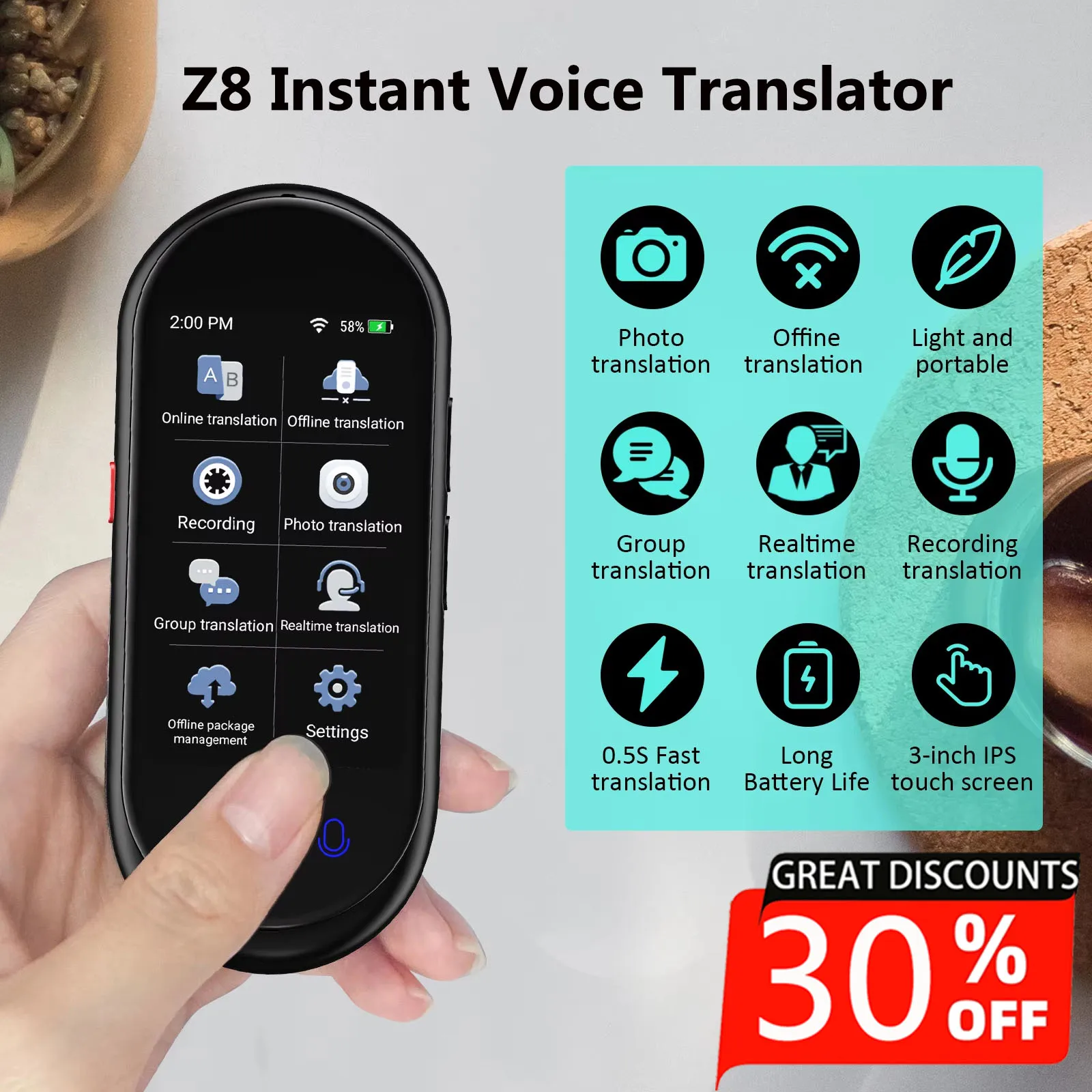 

Z8 Instant AI Voice Translator Portable Travel Real Time Translator with Photo Recording Translation with 3.1 inch Touch Screen