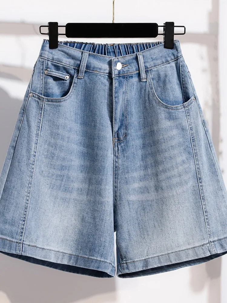 American Retro High Waist Elastic Waist Denim Shorts Women Summer Loose Easy Match Five-Point plus Size Casual Jeans