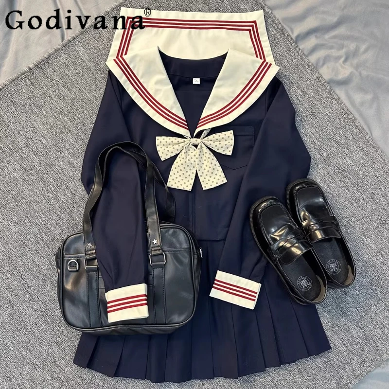 

Японская рубашка колледжа с милым темно-синим воротником и длинными рукавами Jk, весенне-осенние модные комплекты плиссированной юбки с высокой талией для девочек