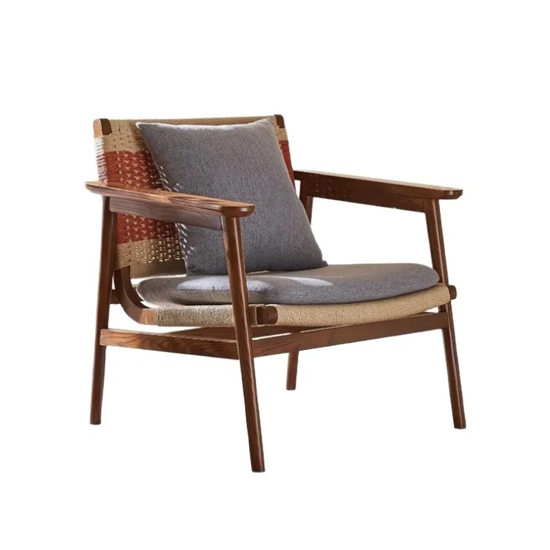 Solid wood leisure chair, home balcony single hemp rope lounge chair, small apartment, modern minimalist ash wood sofa chair