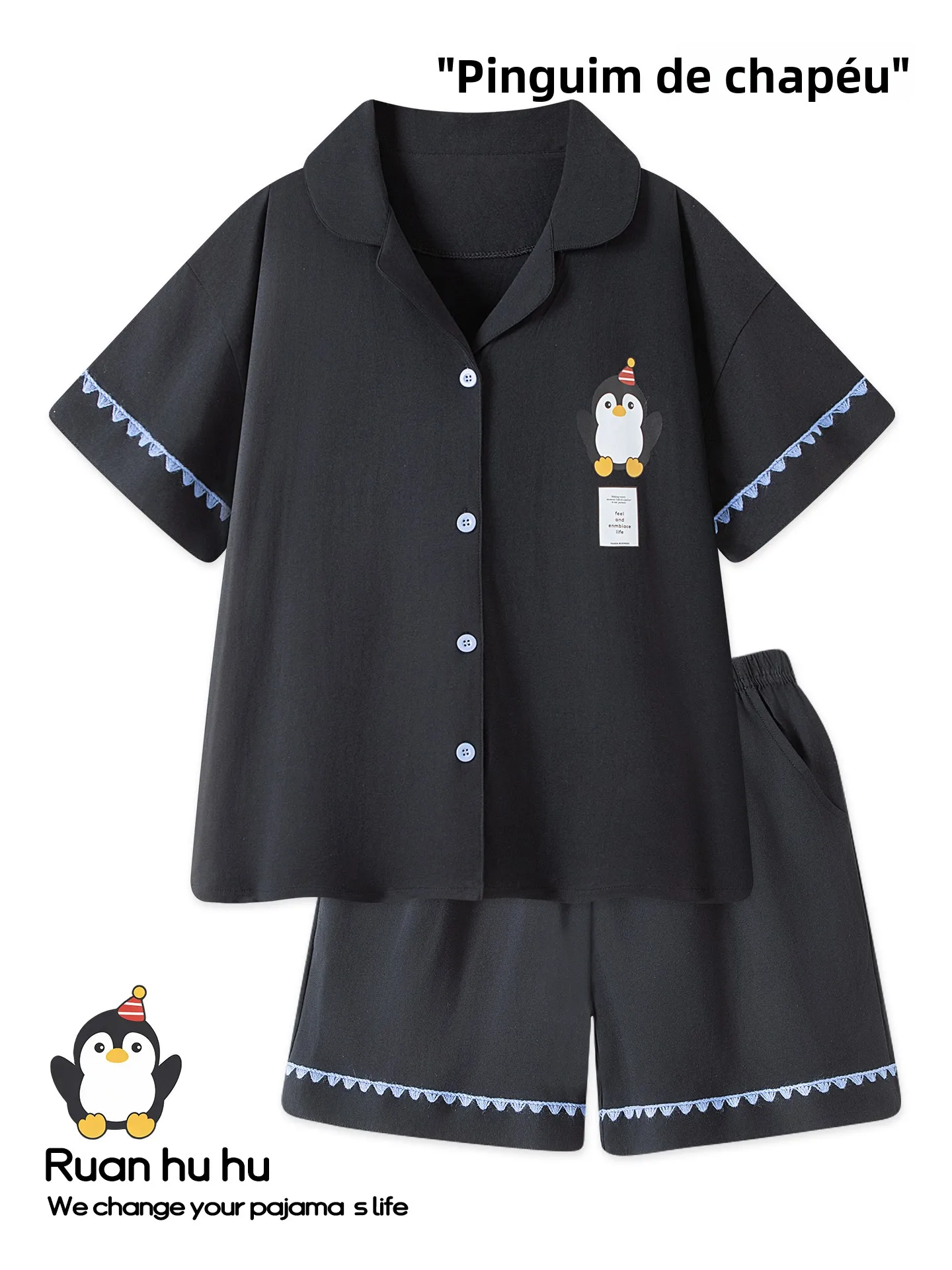 2026-新しい純粋な綿ペンギンパジャマセット半袖ユニセックス夏のホーム服カップル十代の少女と少年黒