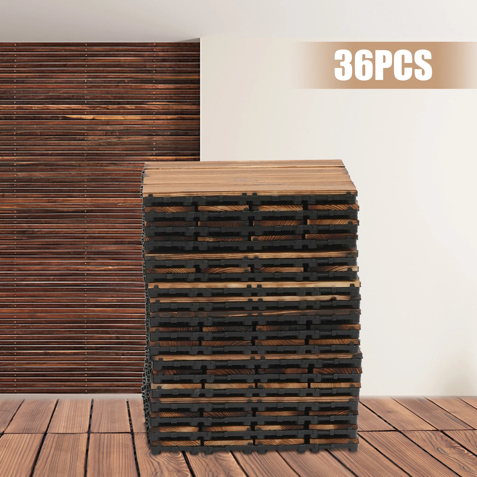 

36pcs Interlocking Wood Floor Tiles Heavy Duty DIY Wood Deck Tiles For Patio, Garden, Balcony 30x30cm