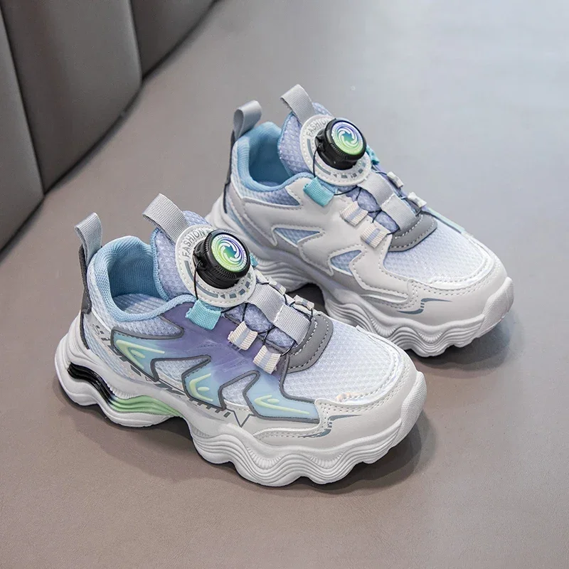 Kids Sneakers with Rotating Button Boys Girls Sports Shoes Thick Soft Sole 2024 Brand New Children Running Shoes Gradient Color